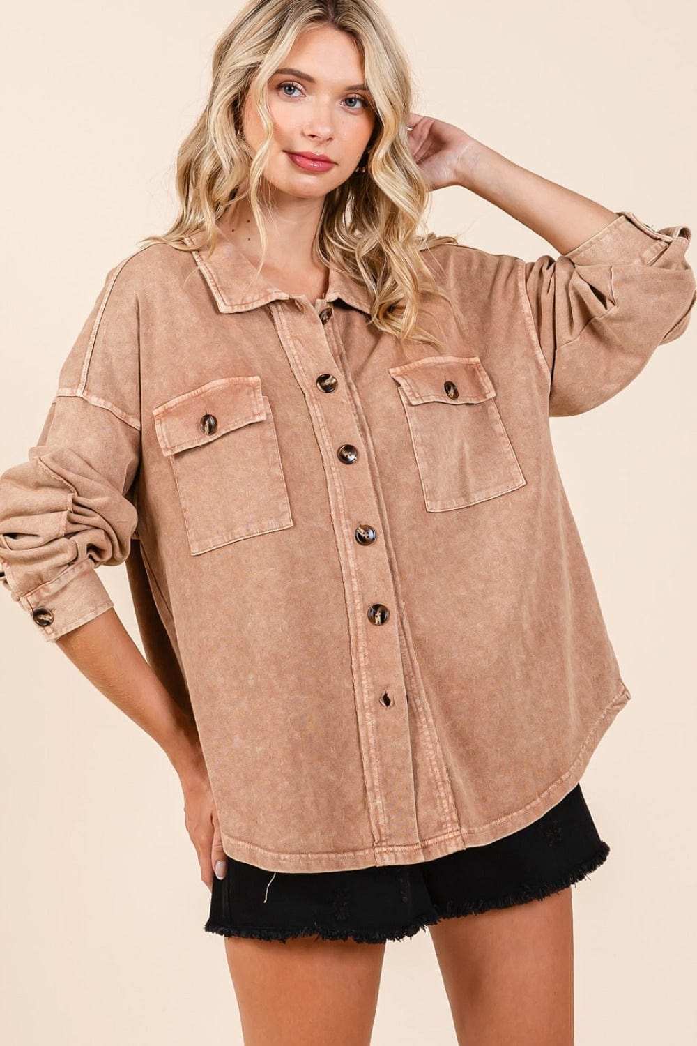 Mittoshop Mineral Wash French Terry Elbow Patch Shacket - Trendsi - Flyclothing LLC