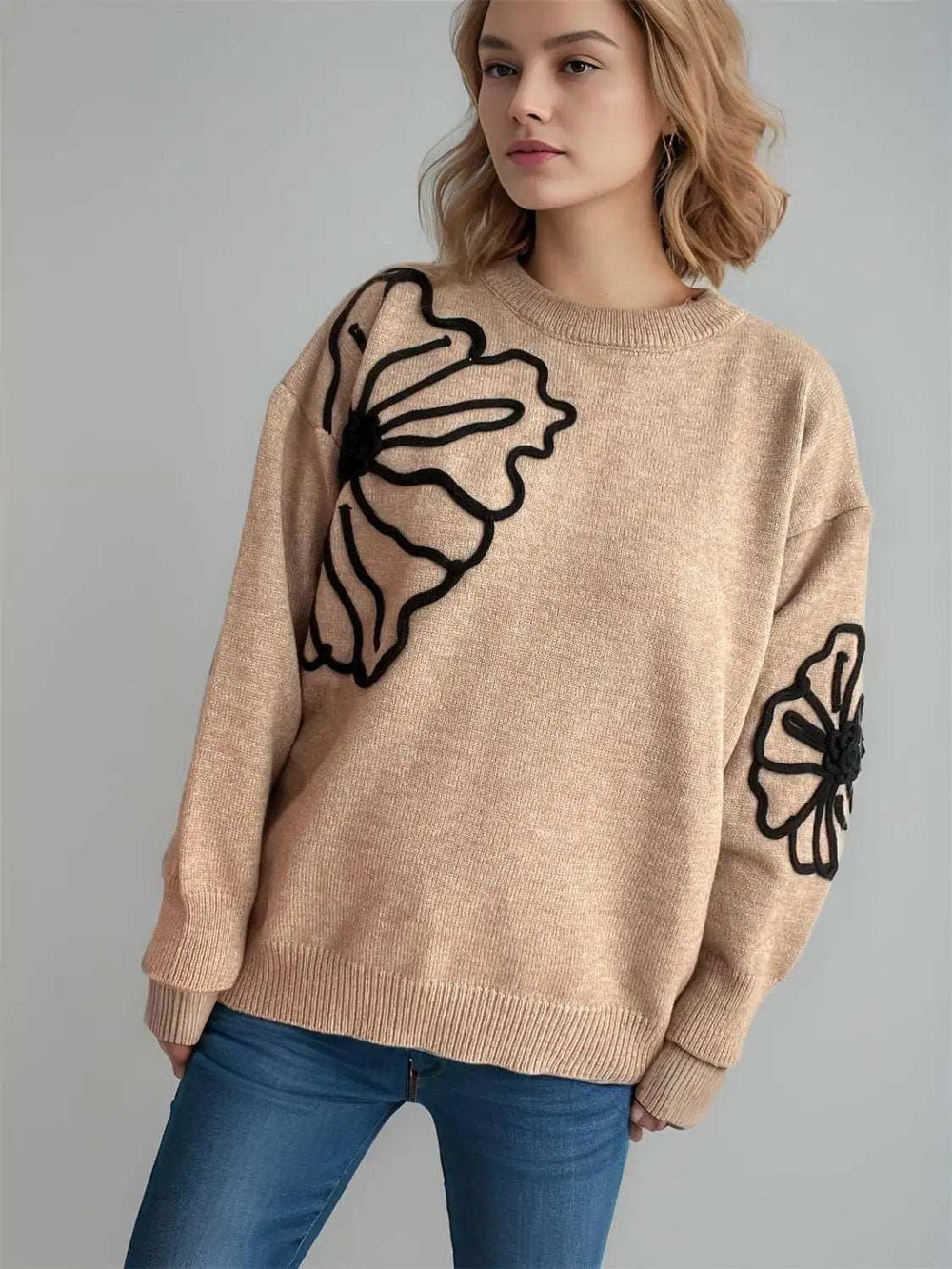 Flower Round Neck Long Sleeve Sweater - Trendsi - Flyclothing LLC