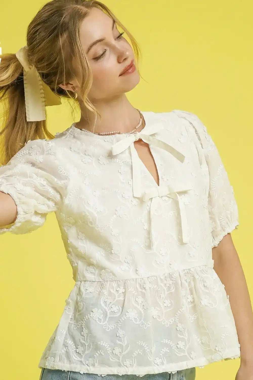 Umgee Embroidered Tie Front Peplum Blouse - Trendsi - Flyclothing LLC