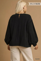 Umgee Full Size Linen Long Sleeve Top with Drawstring Plus Size - Trendsi - Flyclothing LLC
