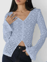 Lace V-Neck Flare Sleeve T-Shirt - Trendsi - Flyclothing LLC