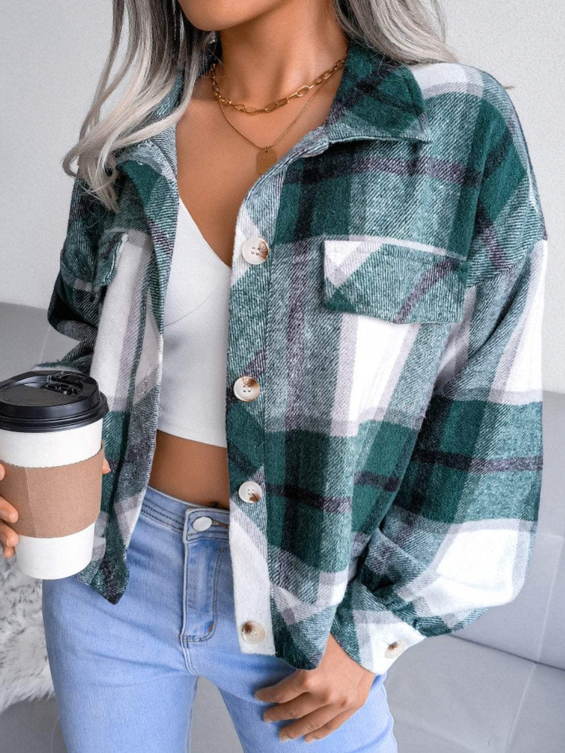 Plaid Collared Neck Long Sleeve Jacket - Trendsi - Flyclothing LLC