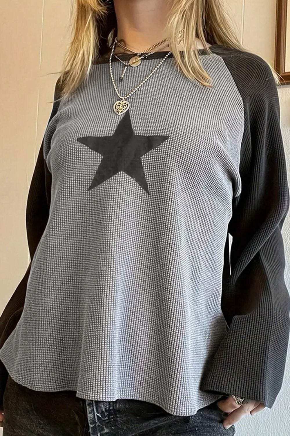 Star Round Neck Raglan Sleeve Top - Trendsi - Flyclothing LLC