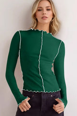 Basic Bae Contrast Trim Mock Neck Long Sleeve T-Shirt - Trendsi - Flyclothing LLC