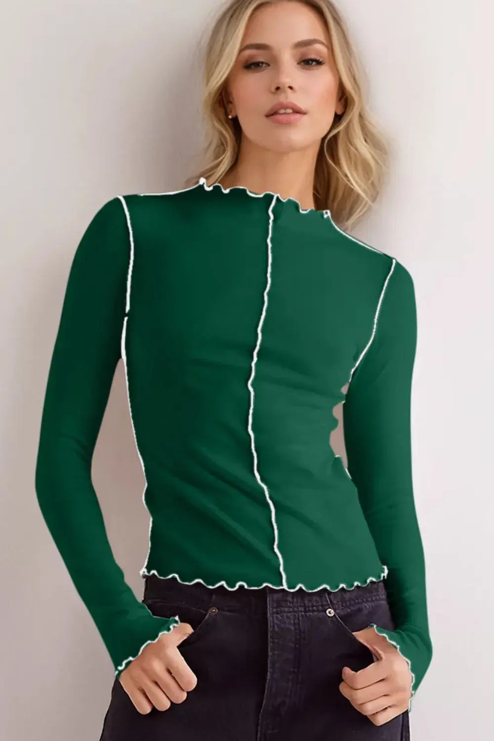 Basic Bae Contrast Trim Mock Neck Long Sleeve T-Shirt - Trendsi - Flyclothing LLC