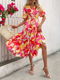 Printed V-Neck Flutter Sleeve Midi Dress - Trendsi - Flyclothing LLC