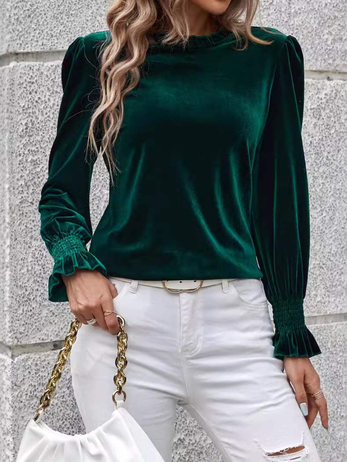 Lovelet Round Neck Flounce Sleeve Top - Trendsi - Flyclothing LLC