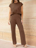 Casual Solid Color Cap Sleeve Top and Pants Knit Set - Trendsi - Flyclothing LLC