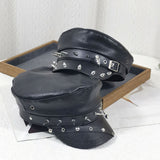 Punk Chain Rivet PU Newsboy Hat, Cool And Bold Girl Style Navy Hat, Halloween Dark-themed Outfit Hat