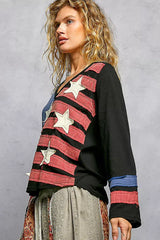 POL Double Gauze American Flag Patch V-Neck Long Sleeve T-Shirt - Trendsi - Flyclothing LLC