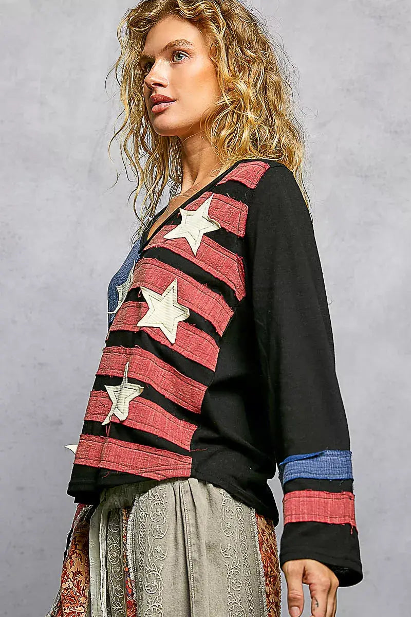 POL Double Gauze American Flag Patch V-Neck Long Sleeve T-Shirt - Trendsi - Flyclothing LLC