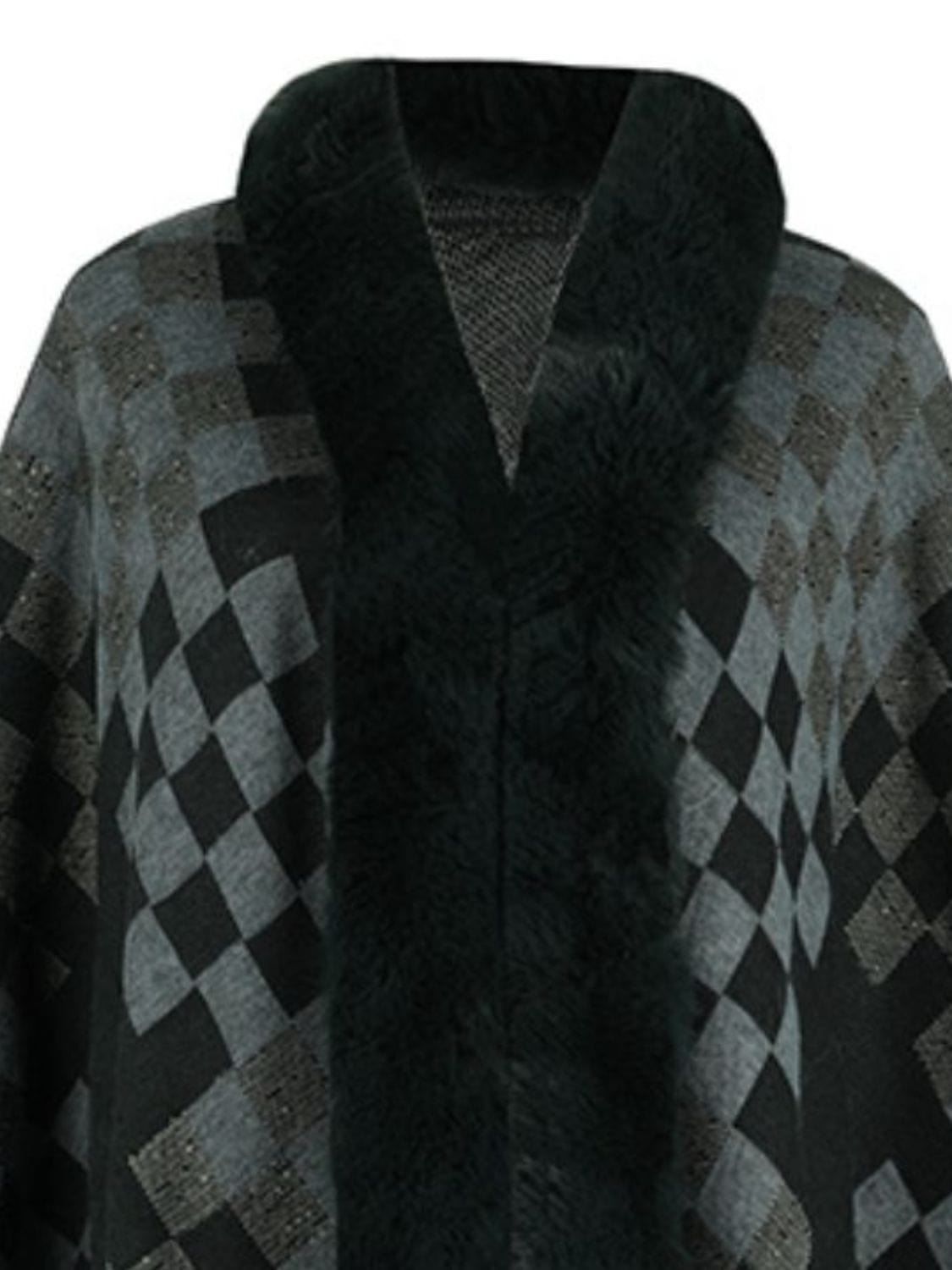 Fuzzy Checkered Long Sleeve Poncho - Trendsi