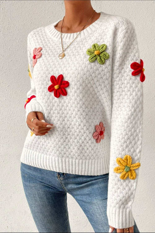 Crochet Flower Round Neck Long Sleeve Sweater - Trendsi - Flyclothing LLC