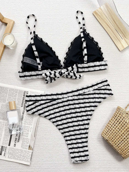 Striped V-Neck Two-Piece Swim Set - Trendsi - Flyclothing LLC