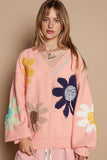 POL V-Neck Long Sleeve Flower Fringe Sweater - Trendsi