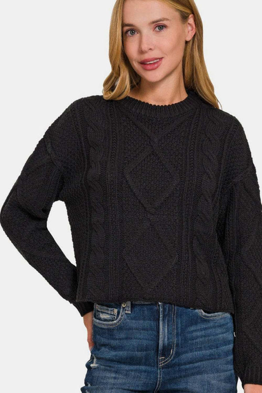 Zenana Cropped High Low Cable Sweater with Side Slits - Trendsi - Flyclothing LLC
