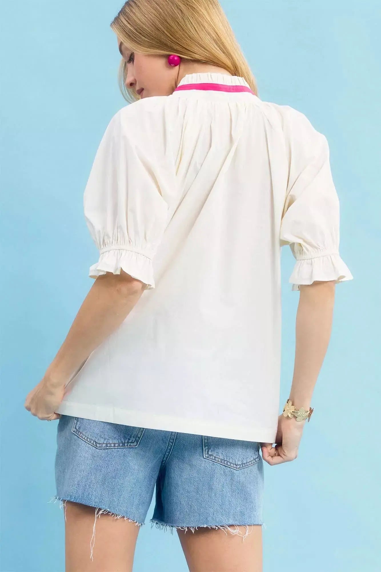 Umgee Embroidered Floral Top with Contrast Trim - Trendsi - Flyclothing LLC