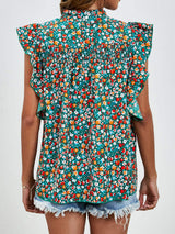 Ruffled Ditsy Floral Mock Neck Cap Sleeve Blouse - Trendsi - Flyclothing LLC
