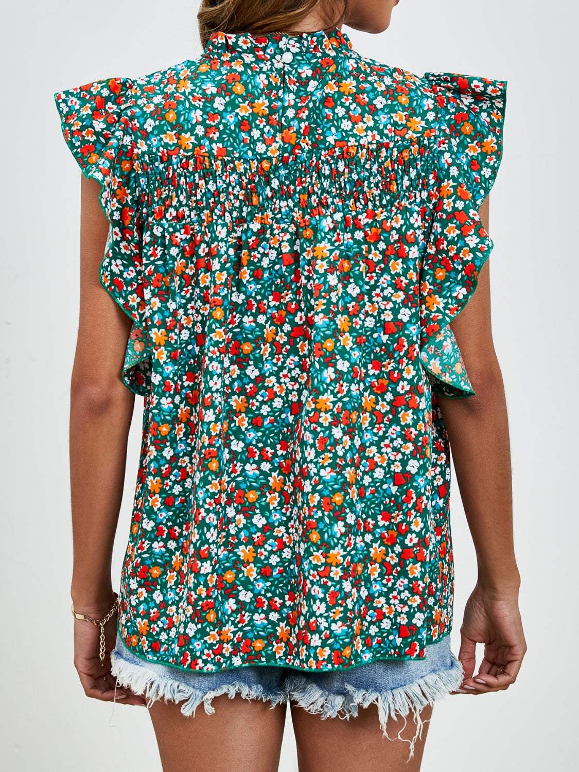 Ruffled Ditsy Floral Mock Neck Cap Sleeve Blouse - Trendsi - Flyclothing LLC