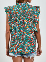 Ruffled Ditsy Floral Mock Neck Cap Sleeve Blouse - Trendsi