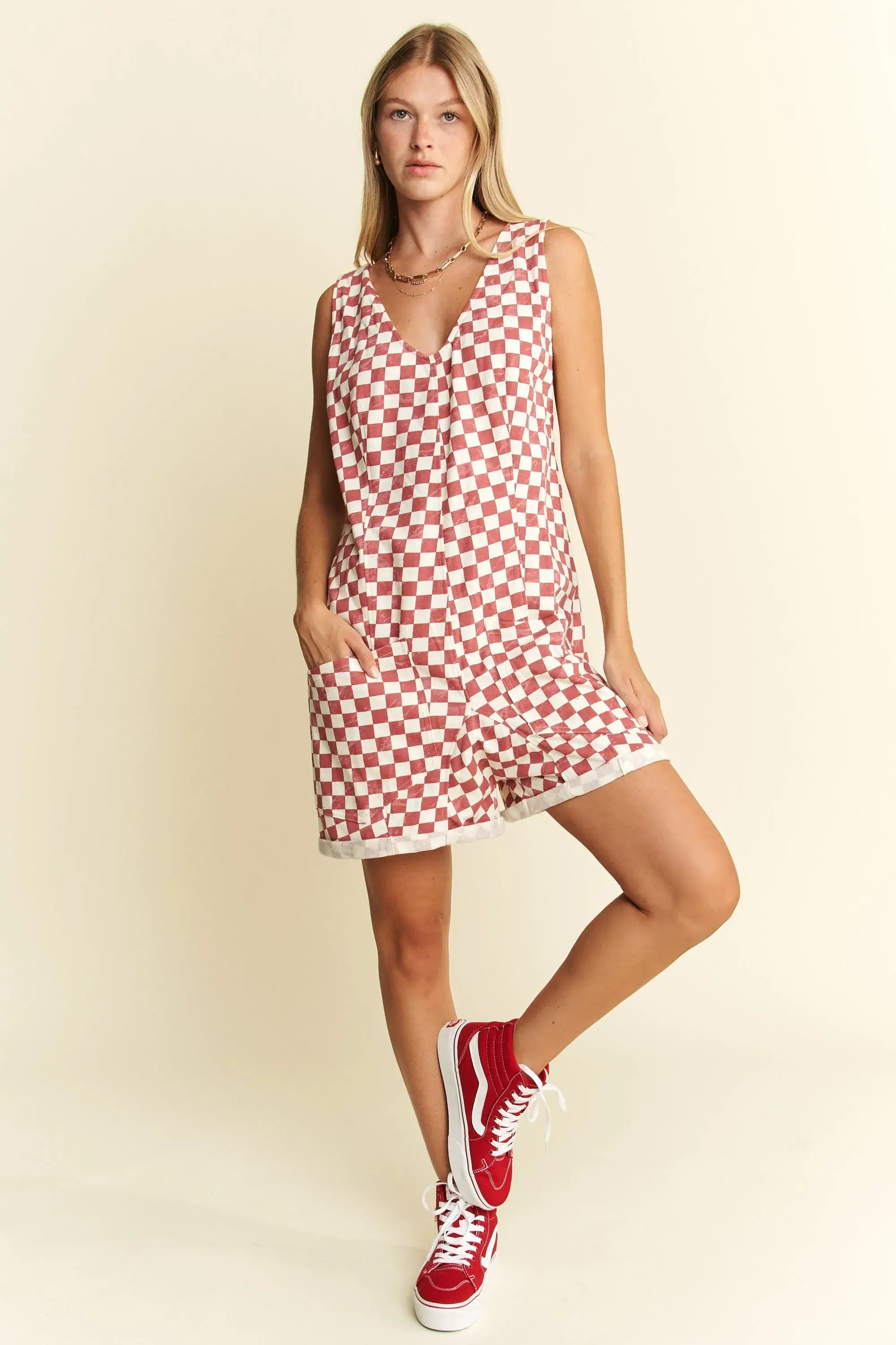 Jade By Jane Plus Size Back Tie Sleeveless Plaid Romper with Pockets - Trendsi - Flyclothing LLC