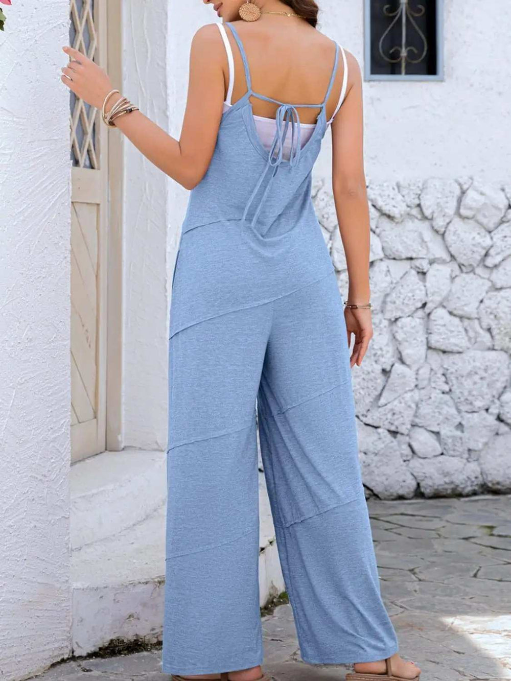 V-Neck Spaghetti Strap Wide Leg Jumpsuit - Trendsi - Flyclothing LLC