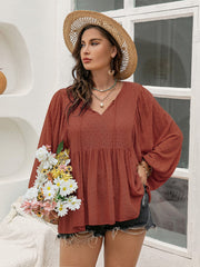 Plus Size Swiss Dot Tie Neck Long Sleeve Blouse - Trendsi