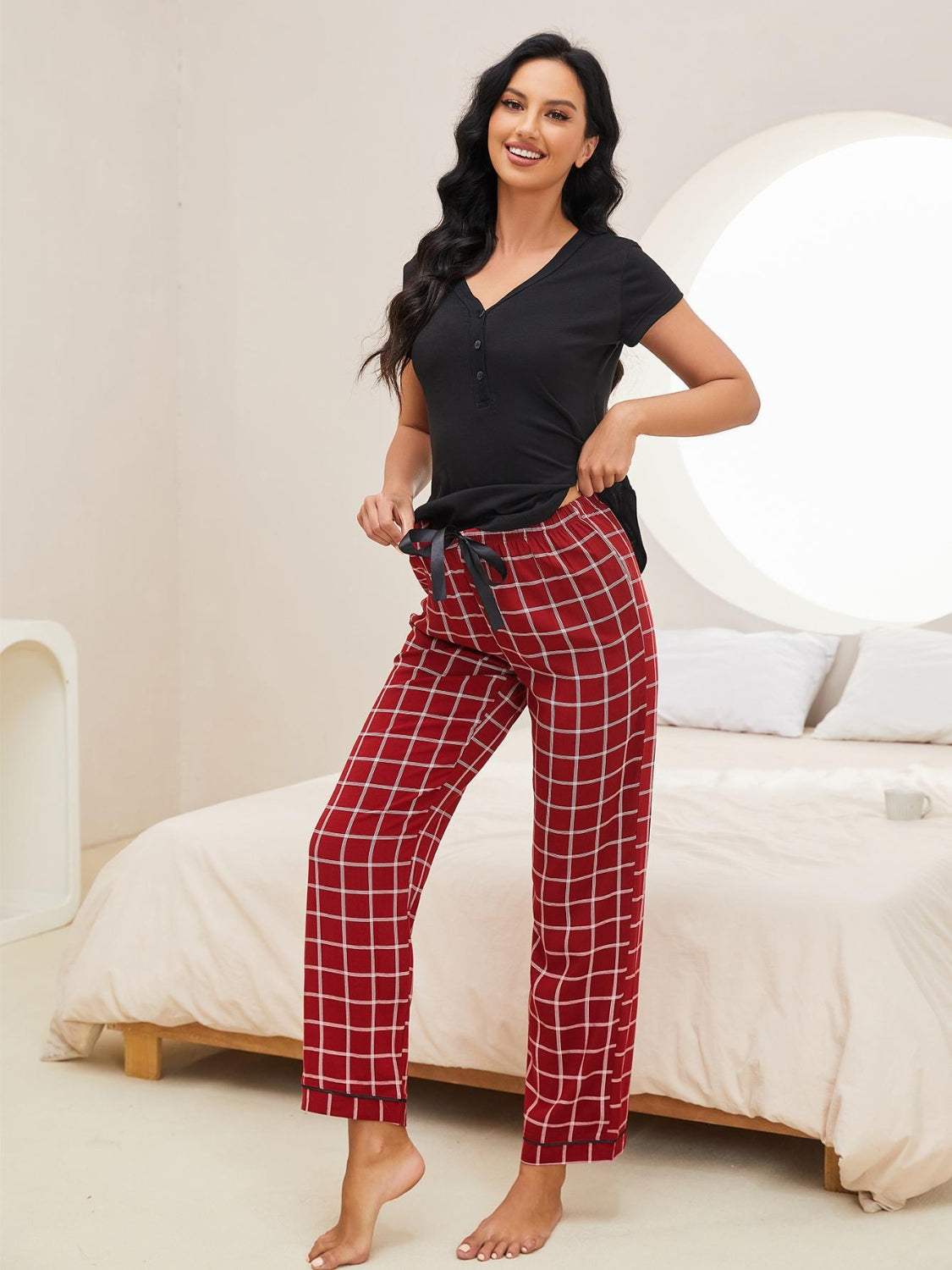 V-Neck Short Sleeve Top and Shorts Lounge Set - Trendsi - Flyclothing LLC