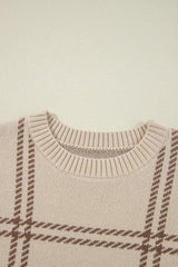 Plaid Round Neck Dropped Shoulder Sweater - Trendsi - Flyclothing LLC