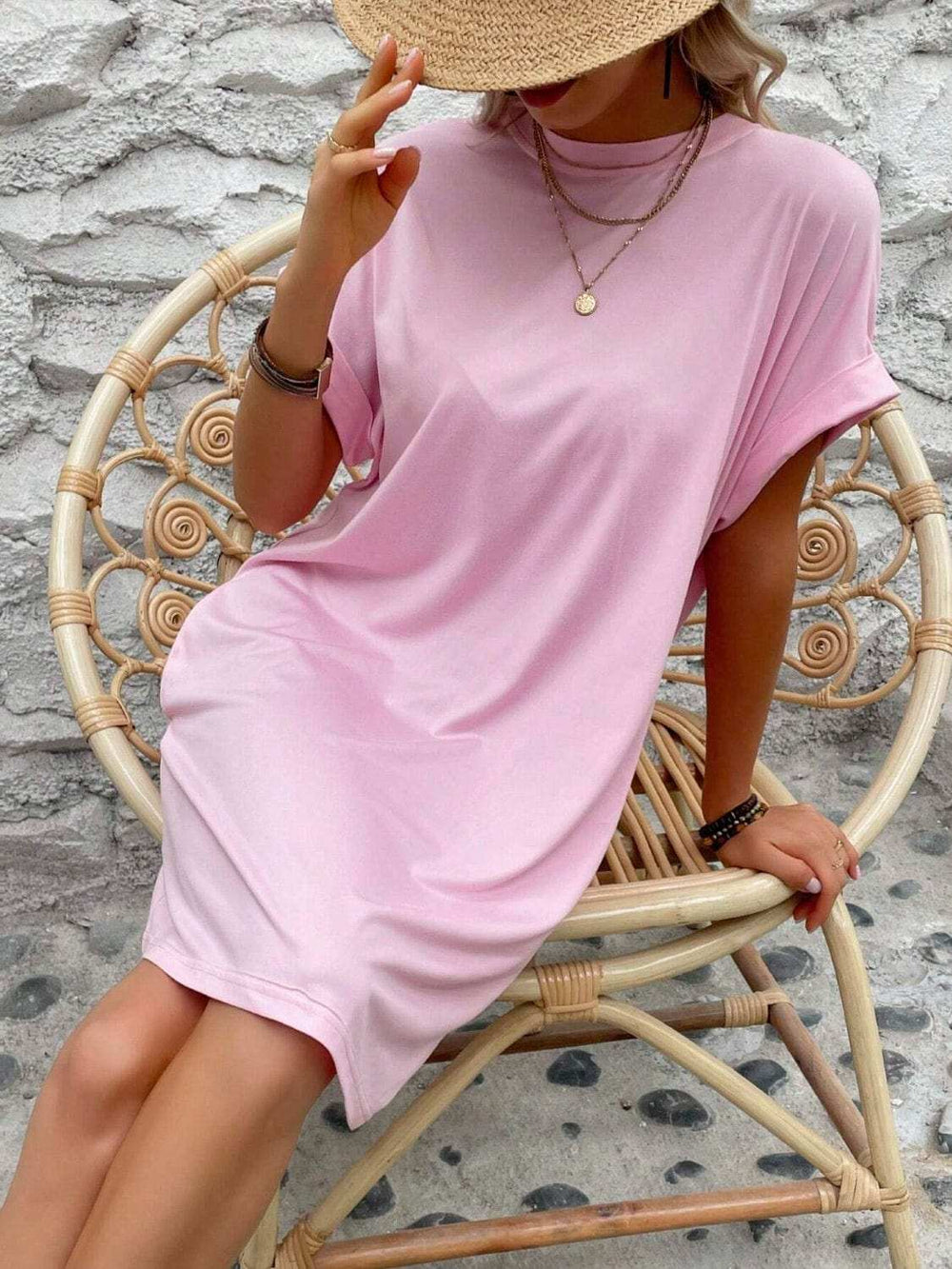 Round Neck Short Sleeve Mini Dress - Trendsi - Flyclothing LLC
