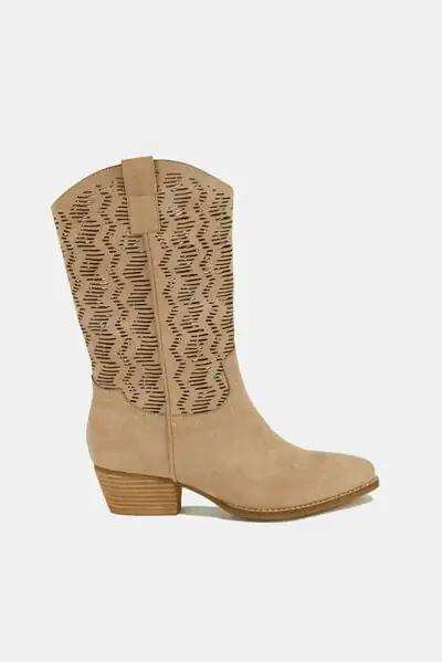 Beast Fashion Faux Suede Laser Cut Detail Block Heel Boots - Trendsi - Flyclothing LLC