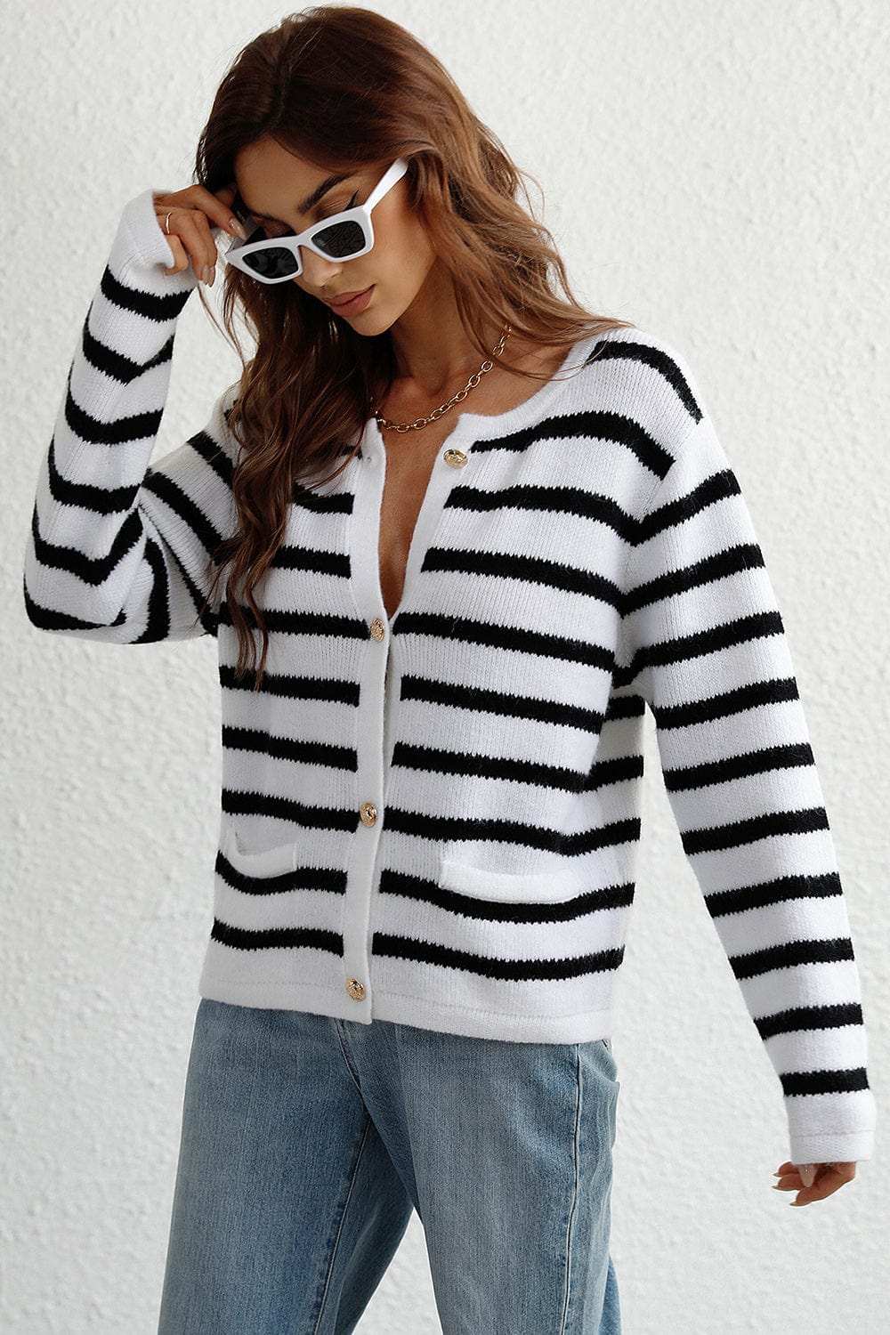Striped Button Down Long Sleeve Cardigan - Trendsi - Flyclothing LLC