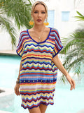 Rainbow Stripe Scalloped V-Neck Cover-Up Dress - Trendsi