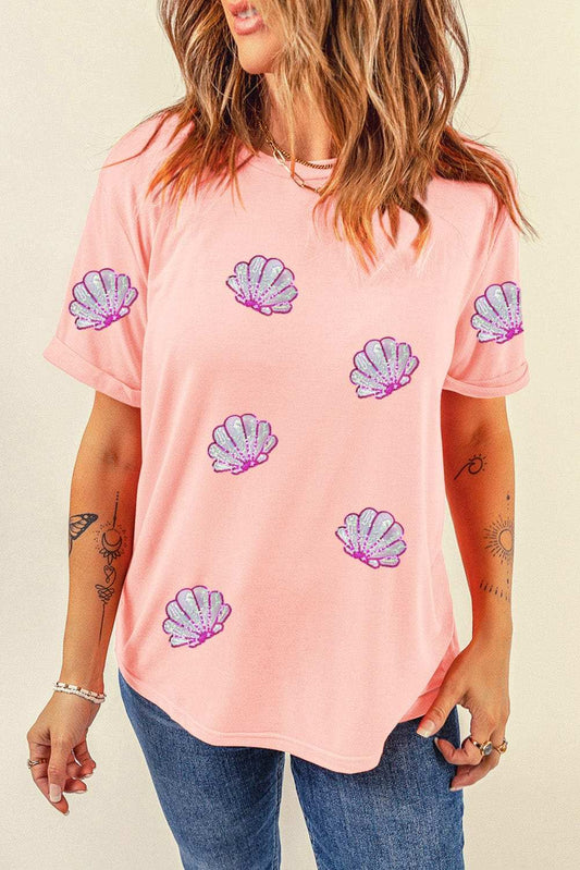 Shell Round Neck Short Sleeve T-Shirt - Trendsi - Flyclothing LLC