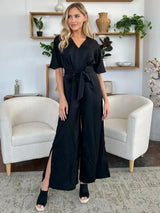 Double Take Full Size V-Neck Tied Side Slit Jumpsuit - Trendsi - Flyclothing LLC