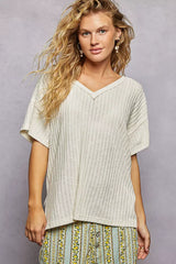 POL Ribbed Knit V-Neck Short Sleeve T-Shirt with Side Slit - Trendsi - Flyclothing LLC