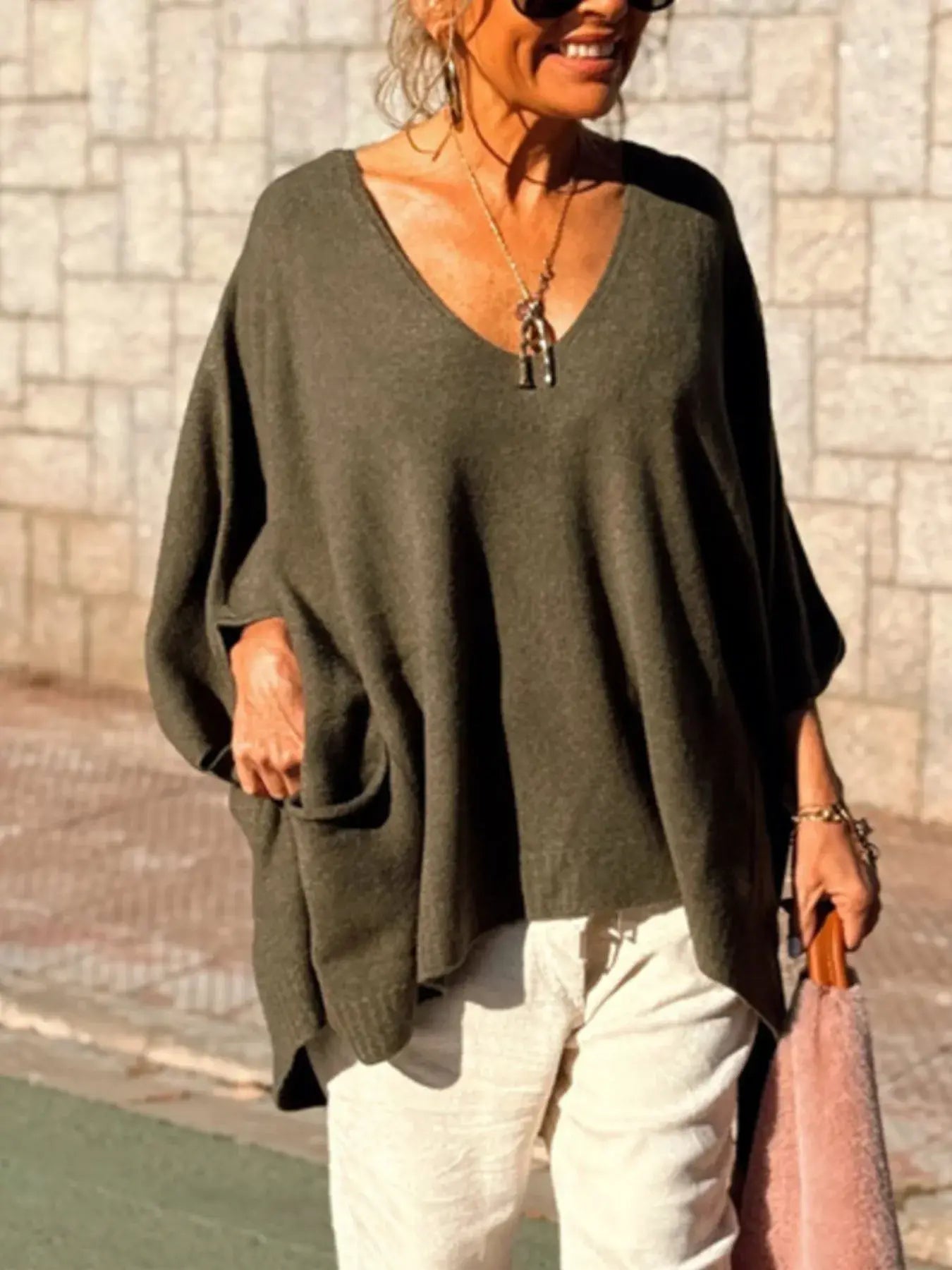 Ribbed Hem V-Neck Sweater - Trendsi - Flyclothing LLC