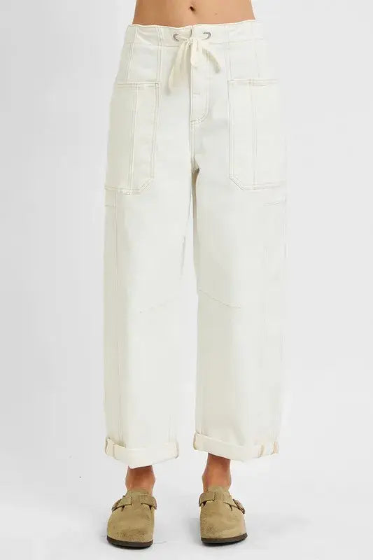 RISEN Full Size High Rise Crop Wide Barrel Cargo Pocket Jeans Plus Size - Trendsi - Flyclothing LLC