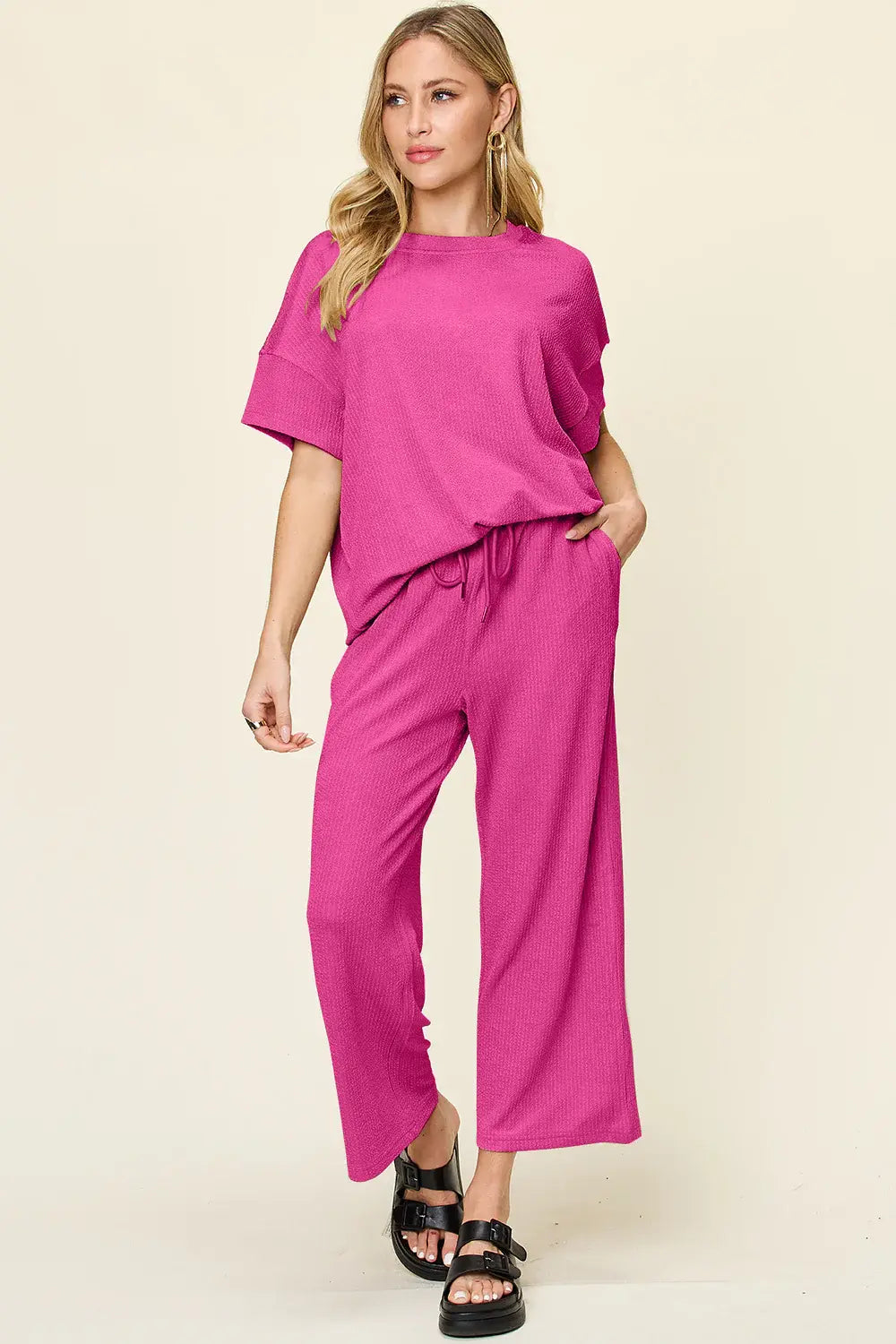 Double Take Full Size Texture Round Neck Short Sleeve T-Shirt and Wide Leg Pants - Trendsi - Flyclothing LLC