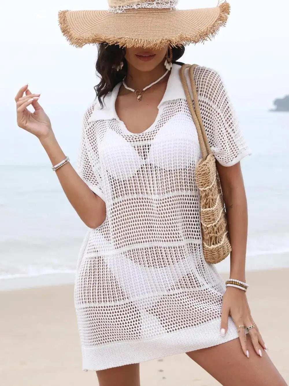 Hollow Out Collared Neck Cover-Up - Trendsi - Flyclothing LLC