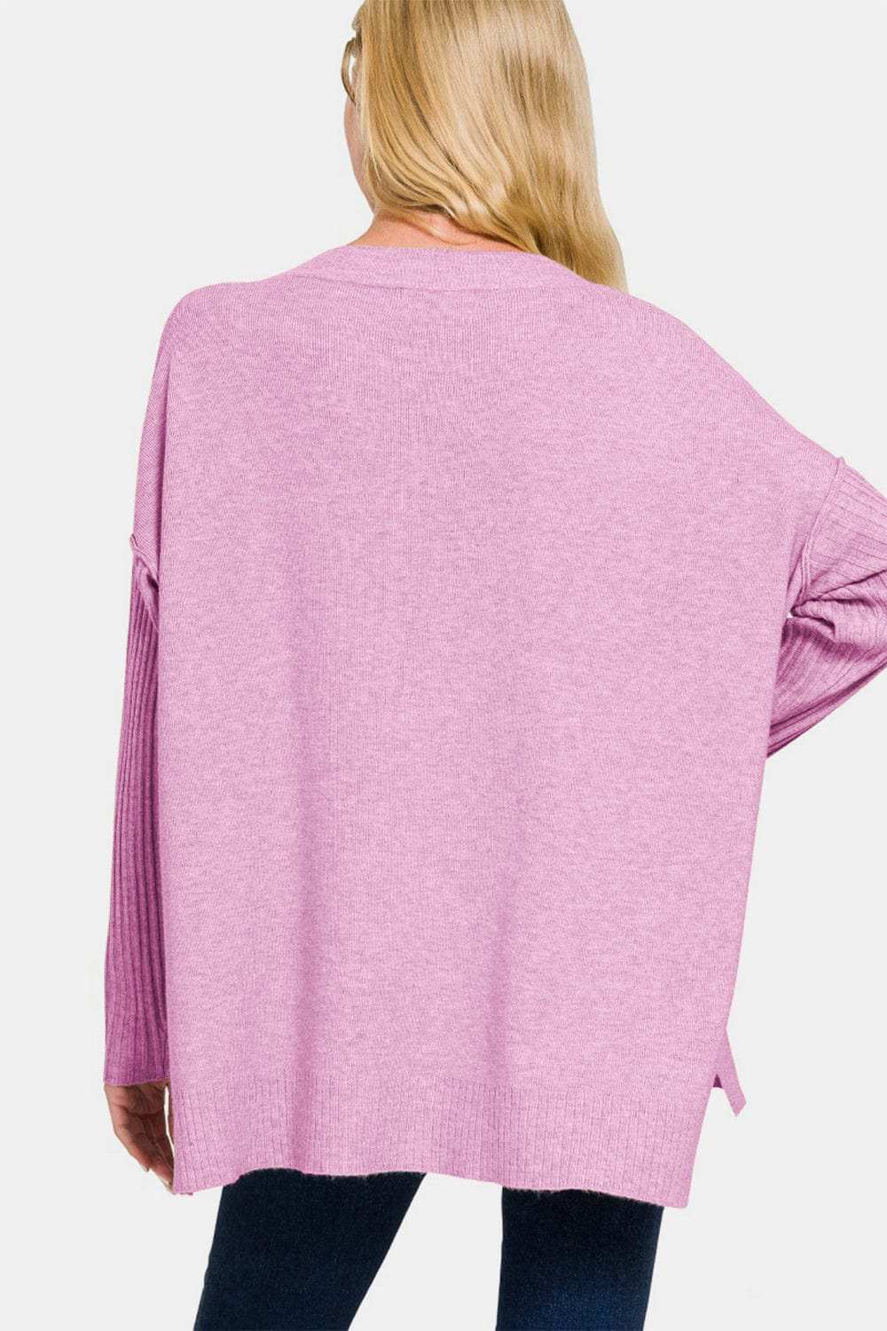 Zenana V-Neck Side Slit High-Low Sweater - Trendsi - Flyclothing LLC