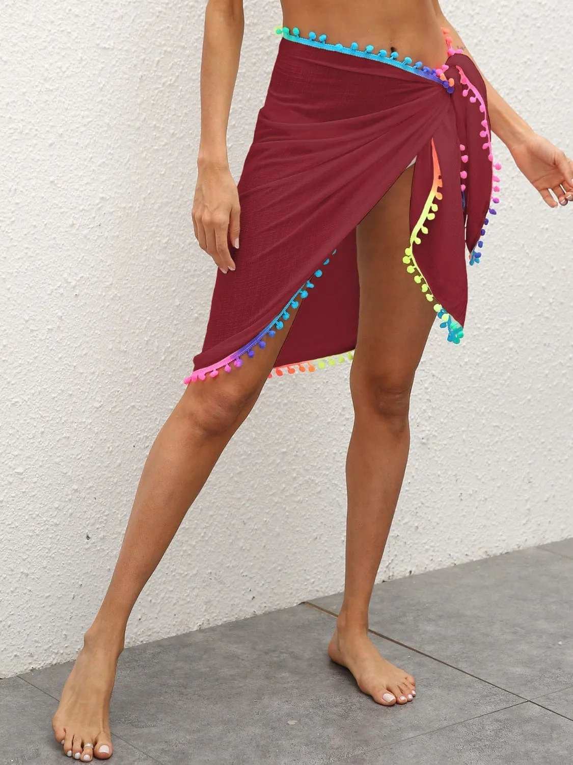 Rainbow Pompom Trim Swim Skirt - Trendsi - Flyclothing LLC