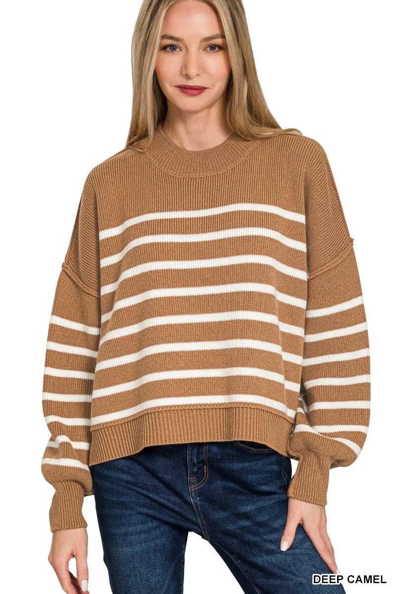 Zenana Exposed Seam Striped Oversized Sweater - Trendsi - Flyclothing LLC