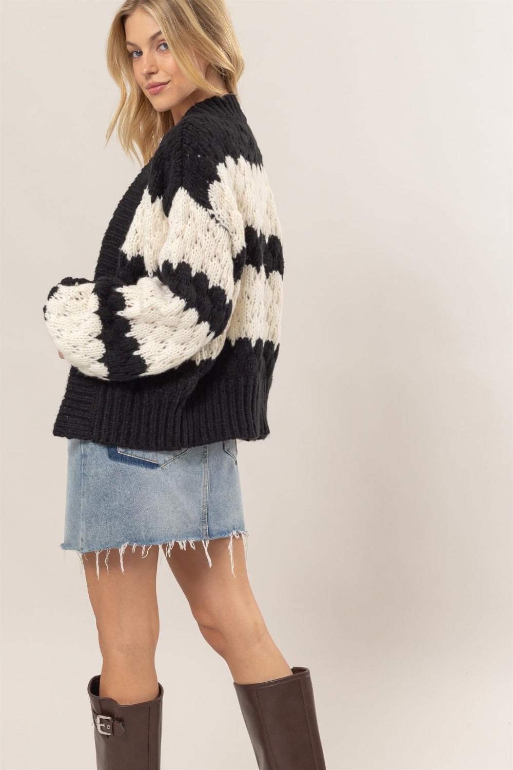 HYFVE Scallop Striped Open Front Long Sleeve Sweater Cardigan - Trendsi - Flyclothing LLC