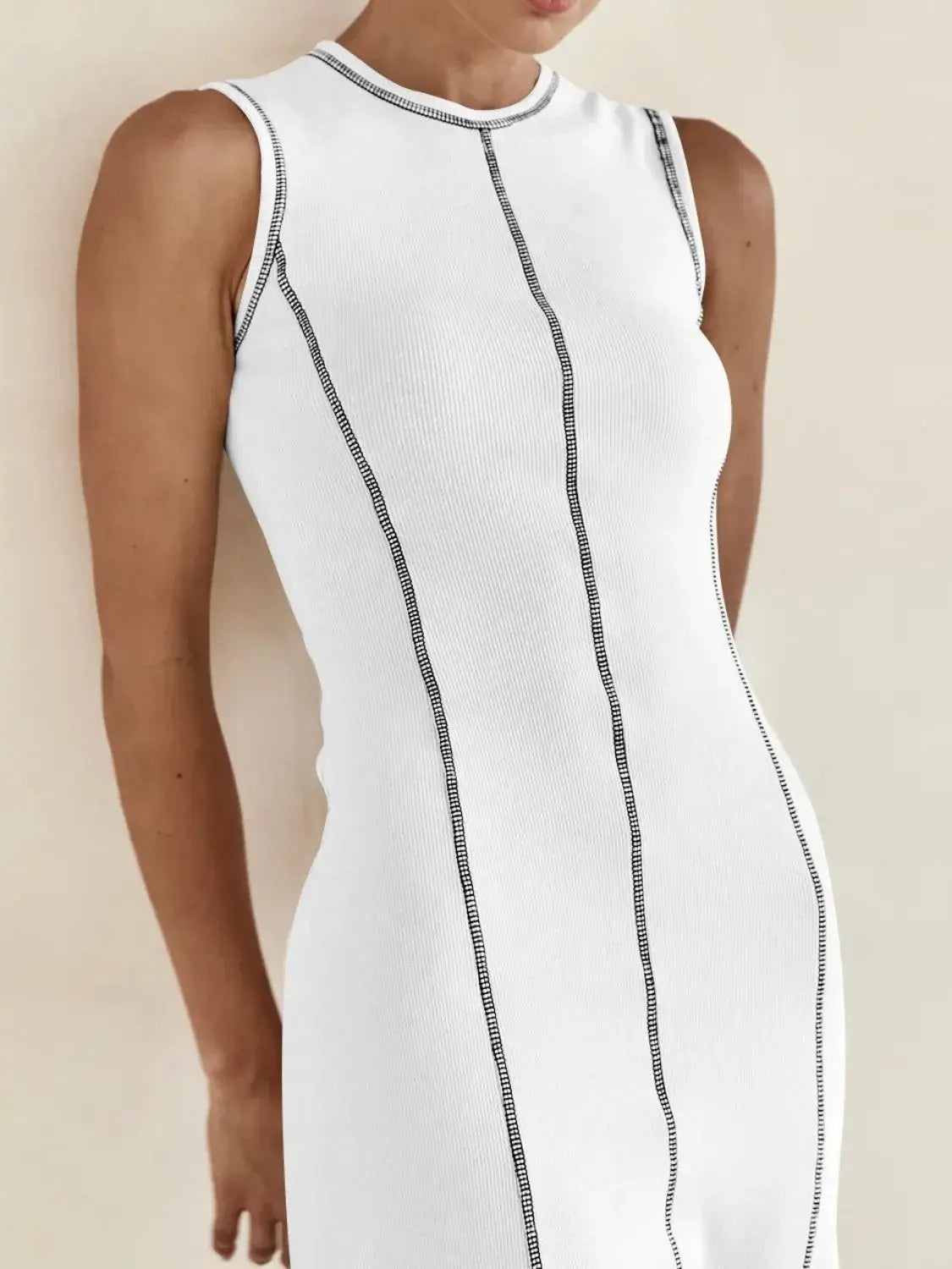 Contrast Stitching Round Neck Sleeveless Midi Dress - Trendsi - Flyclothing LLC