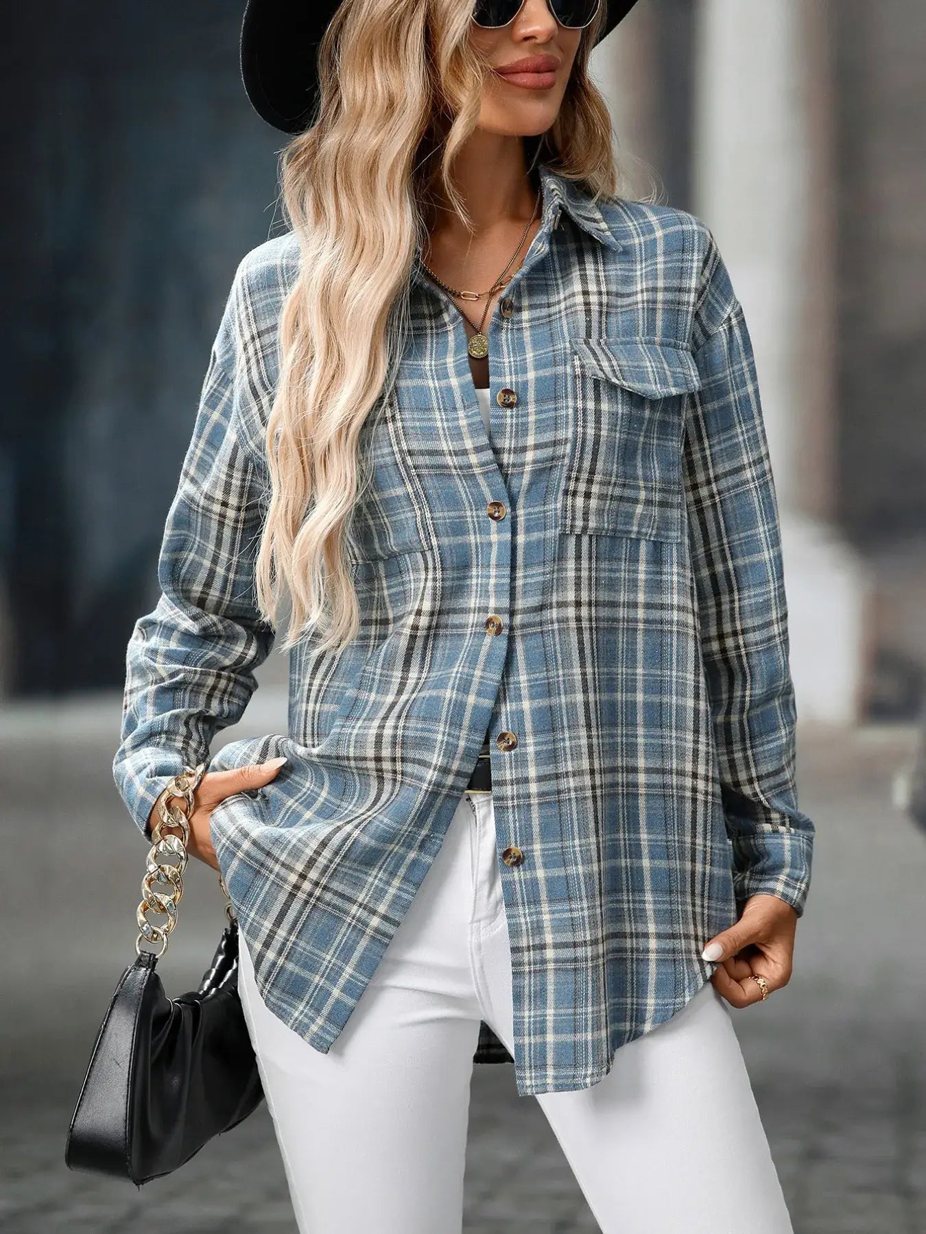 Oversized Plaid Button-Up Shirt - Trendsi - Flyclothing LLC