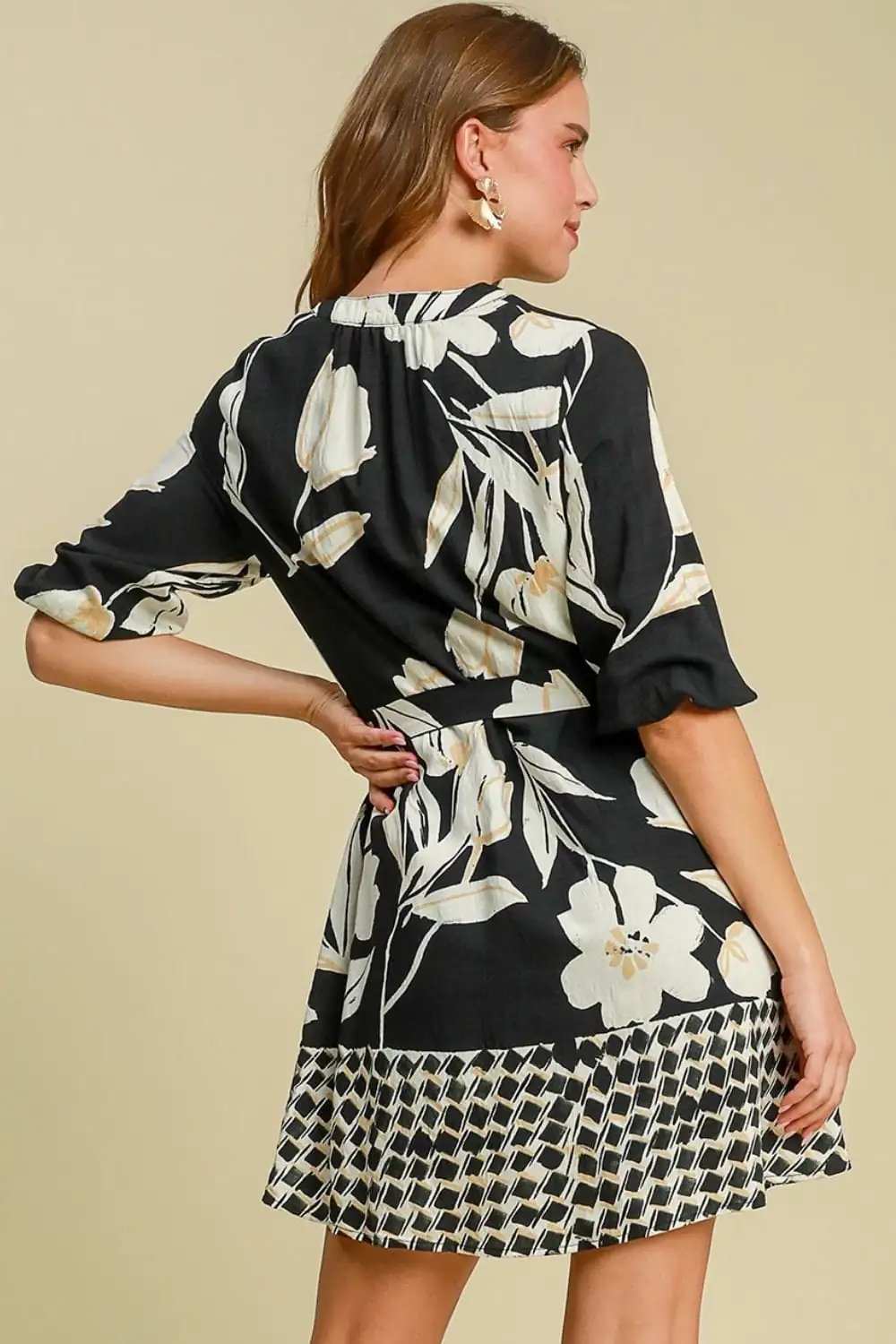 Umgee Full Size Floral Print Notched Tie Waist Mini Dress Plus Size - Trendsi - Flyclothing LLC