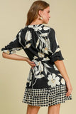 Umgee Full Size Floral Print Notched Tie Waist Mini Dress Plus Size - Trendsi