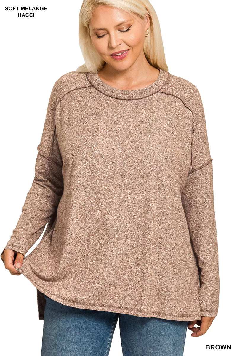 Zenana Full Size Melange Hacci Exposed Seam Hi-low Tee Plus Size - Trendsi - Flyclothing LLC