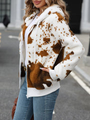 Fuzzy Drawstring Zip Up Hooded Jacket - Trendsi